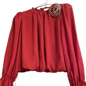 Ruby Red Ruffle-Sleeved Rhinestone Blouse